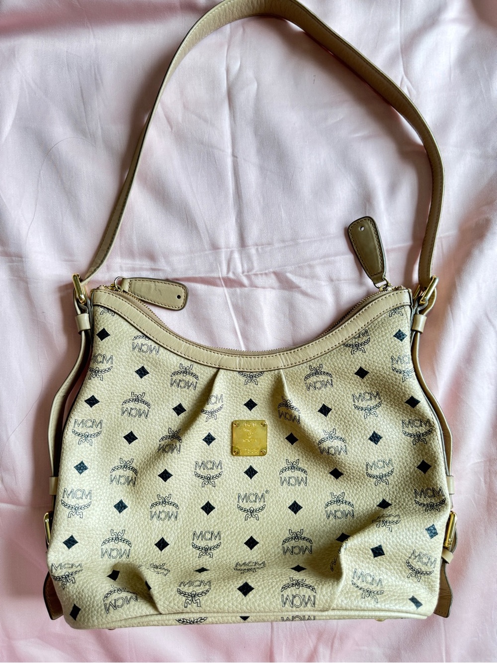 MCM Beige Monogram Hobo Bag with Gold Plaque